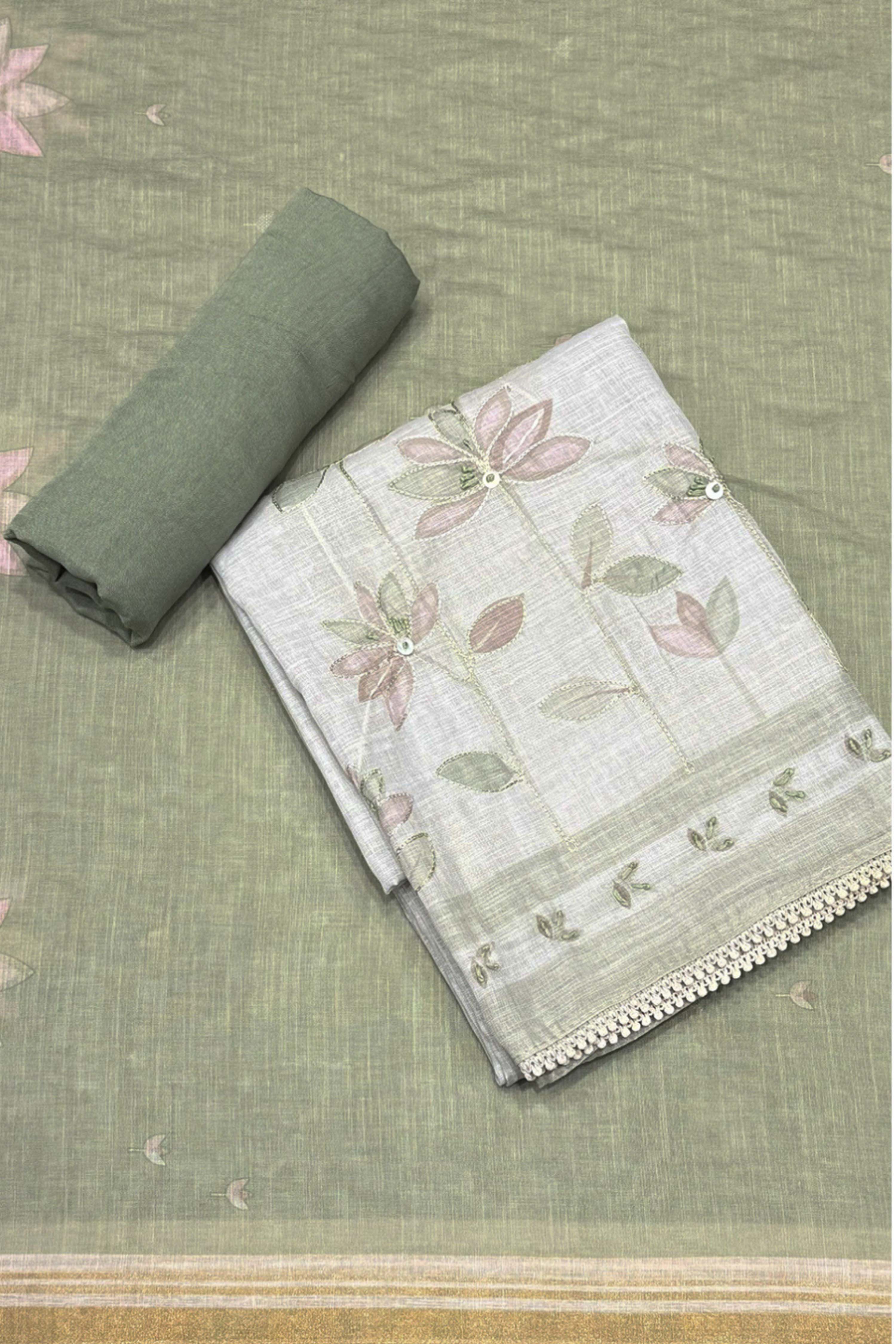 Grey Linen Printed Unstitched Suit Set image number 0