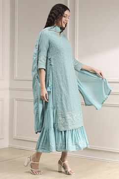Powder Blue Cotton Blend Layered Embroidered Fusion Set image number 3