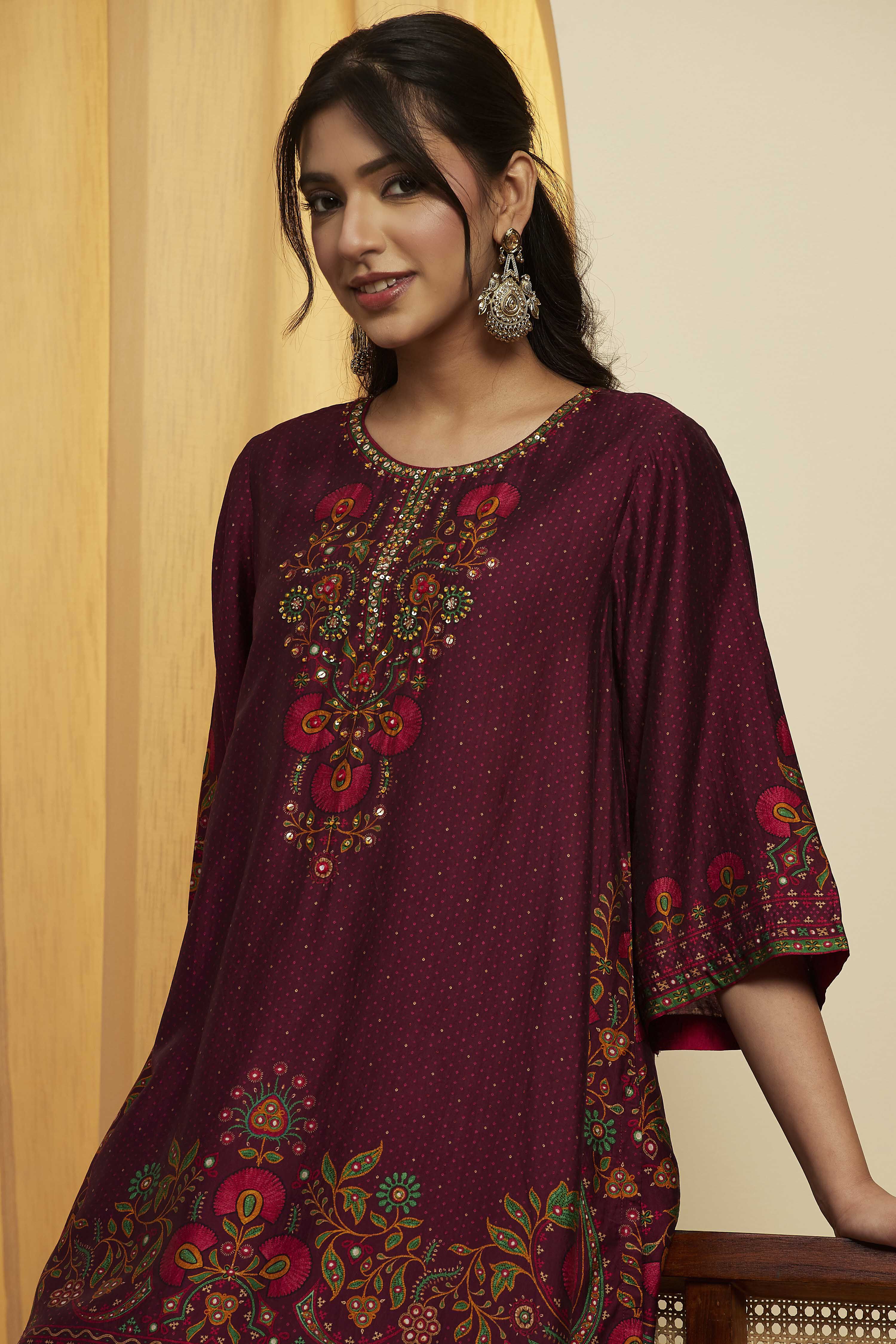 Wine Silk Printed Straight Kurta Set image number 1