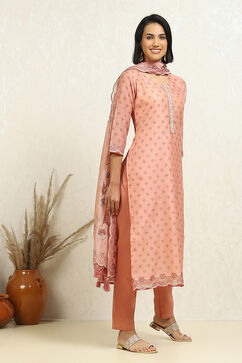 Peach-Toned Chanderi Floral Printed Unstitched Suit Set image number 6