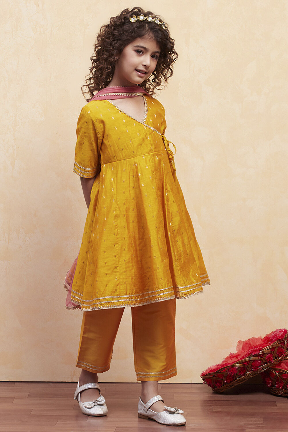 Yellow Yarn Dyed Angrakha Anarkali Suit Set image number 5
