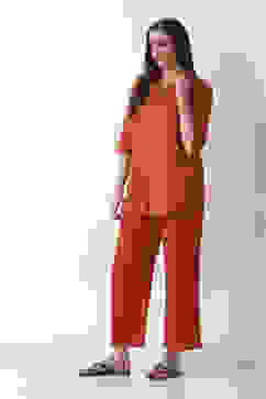 Burnt Orange Viscose Straight Solid Pants image number 0
