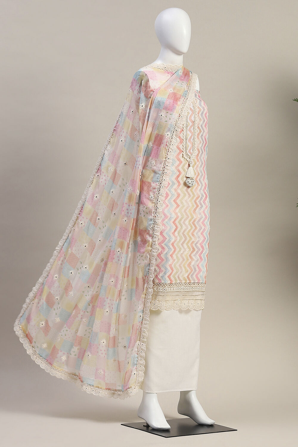 Cream Cotton Schiffly Unstitched Suit Set image number 4