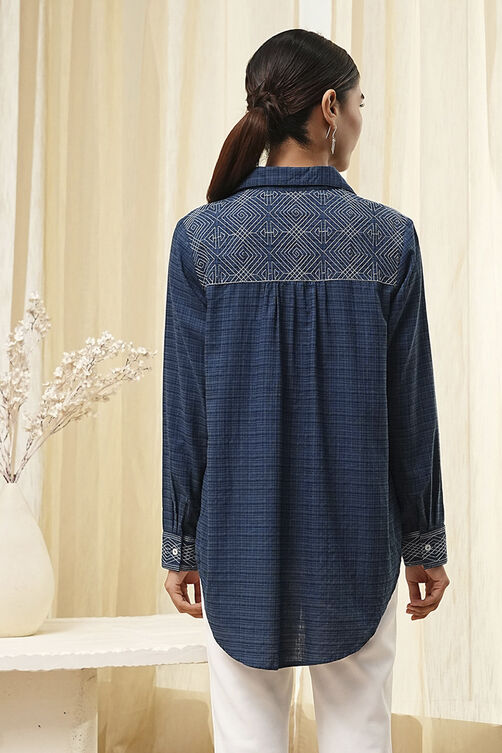 Blue Cotton Blend High-Low Straight Shirt image number 3