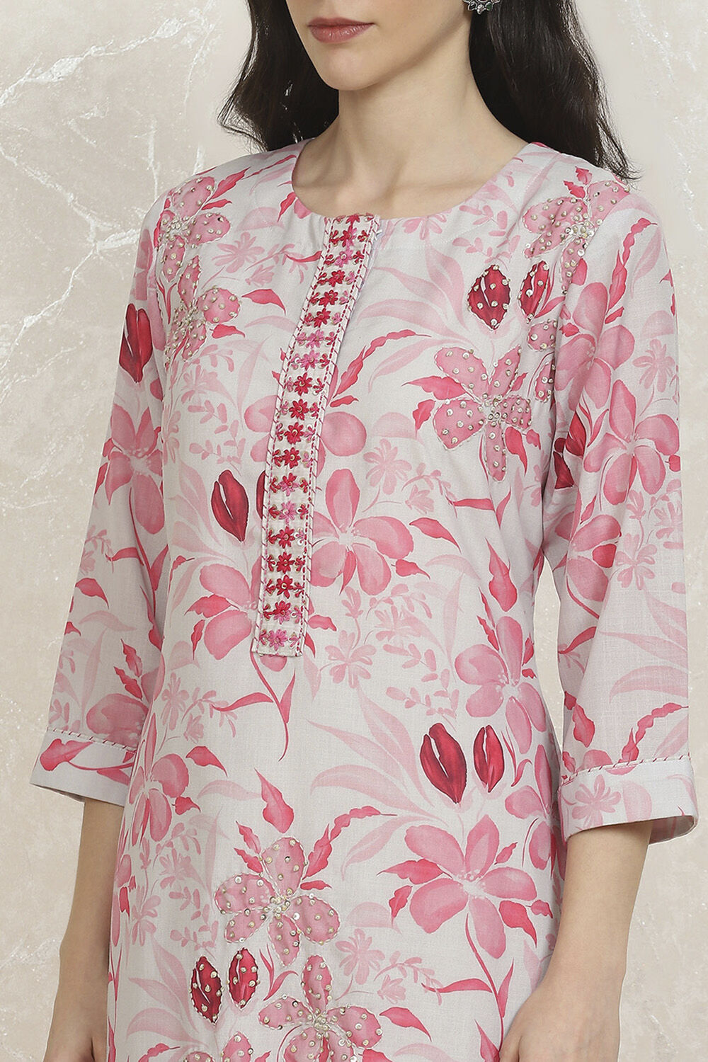 Pink and White Cotton Printed Unstitched Suit Set image number 2