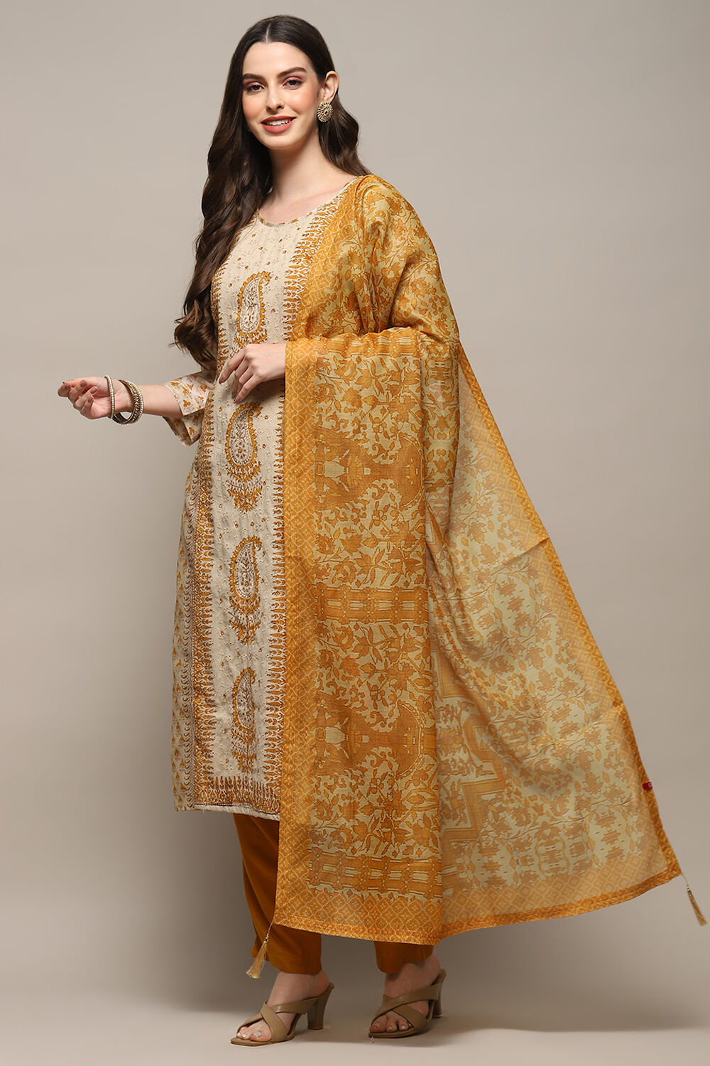 Beige Pink Chanderi Unstitched Suit set image number 1