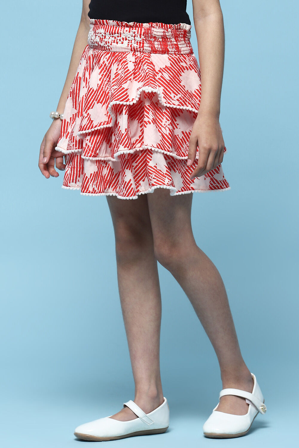 Red Printed Cambric Layered Skirt With Embroidered Waist image number 2