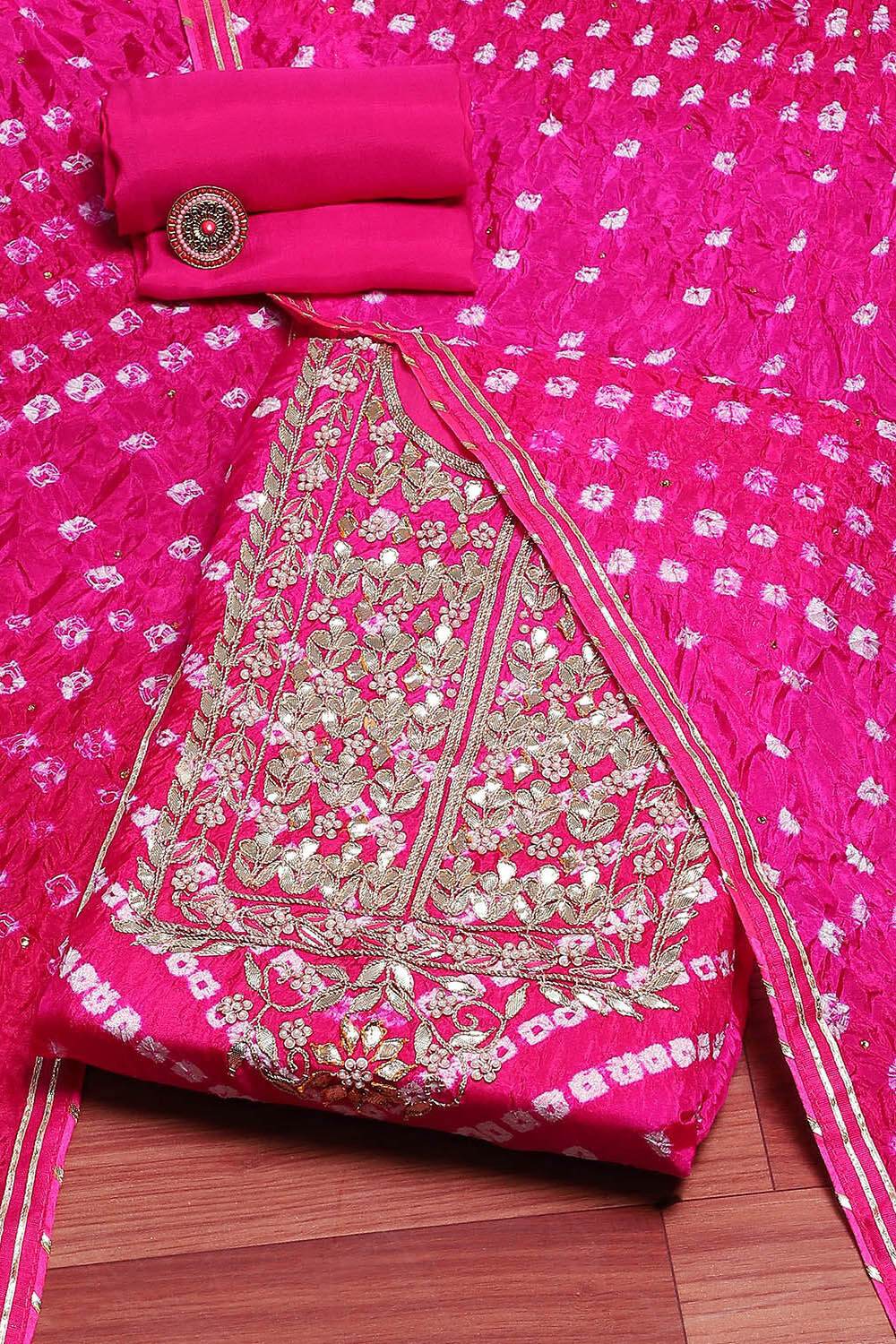 Orange Silk Blend Bandhej Crinkled Unstitched Suit Set image number 0