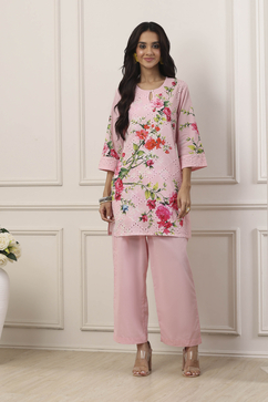 Pink Cotton Floral Printed Schiffli Straight Suit Set