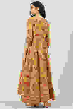Mustard Poly Cotton Flared Fusion Printed Dress image number 4