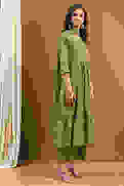 Green Cotton Printed Festive Gathered Suit Set image number 5