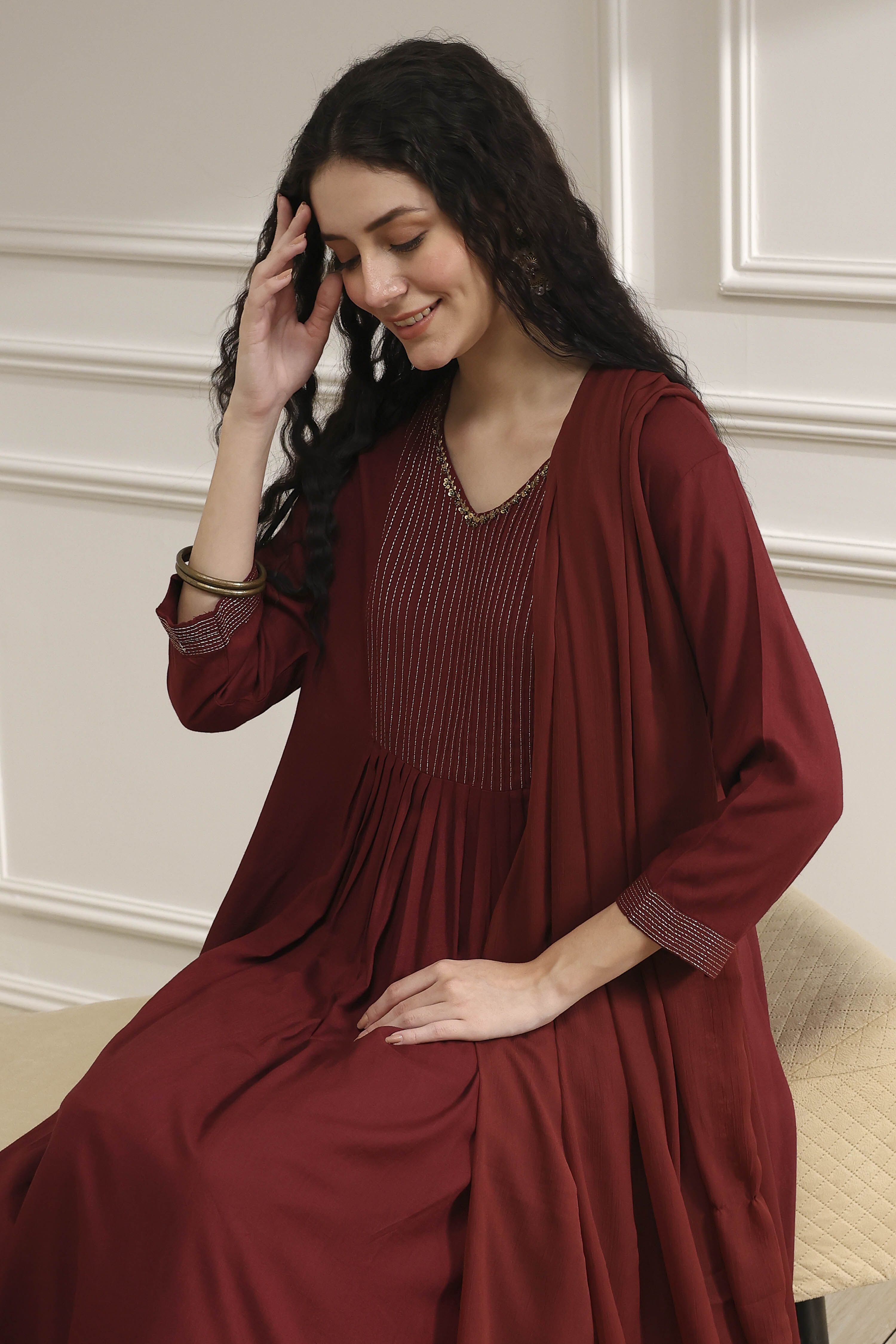 Rust Solid Gathered Suit Set image number 0