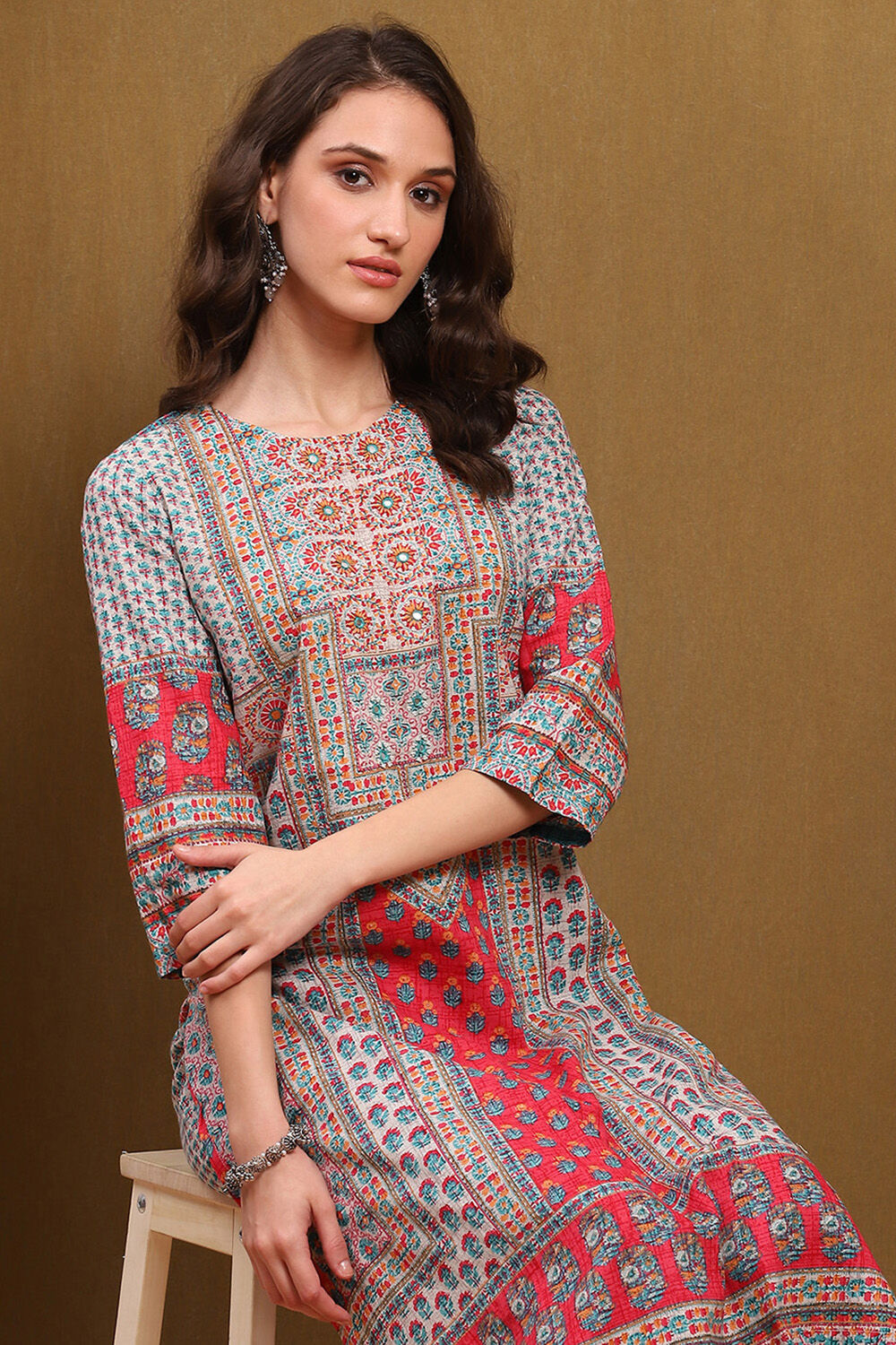 Beige and Blue Cotton Printed Straight Kurta Set image number 7
