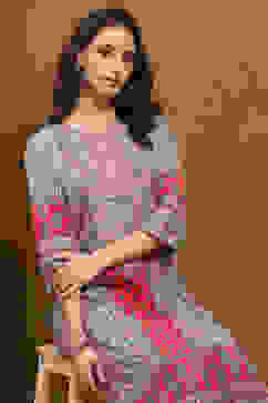 Beige and Blue Cotton Printed Straight Kurta Set image number 7