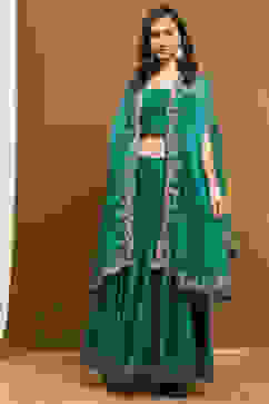 Green Silk Chanderi Festive Flared Lehenga Set image number 7