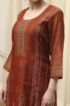 Brown Chanderi Printed Embroidered Unstitched Suit Set image number 3