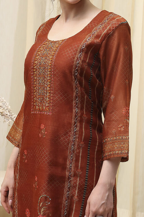 Blue Chanderi Printed Embroidered Unstitched Suit Set image number 3