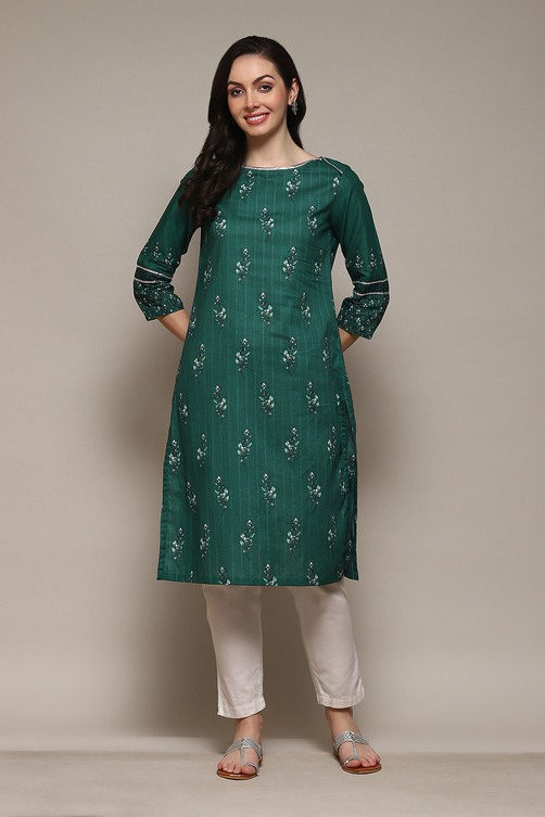 Green Cotton Straight Printed Kurta image number 5