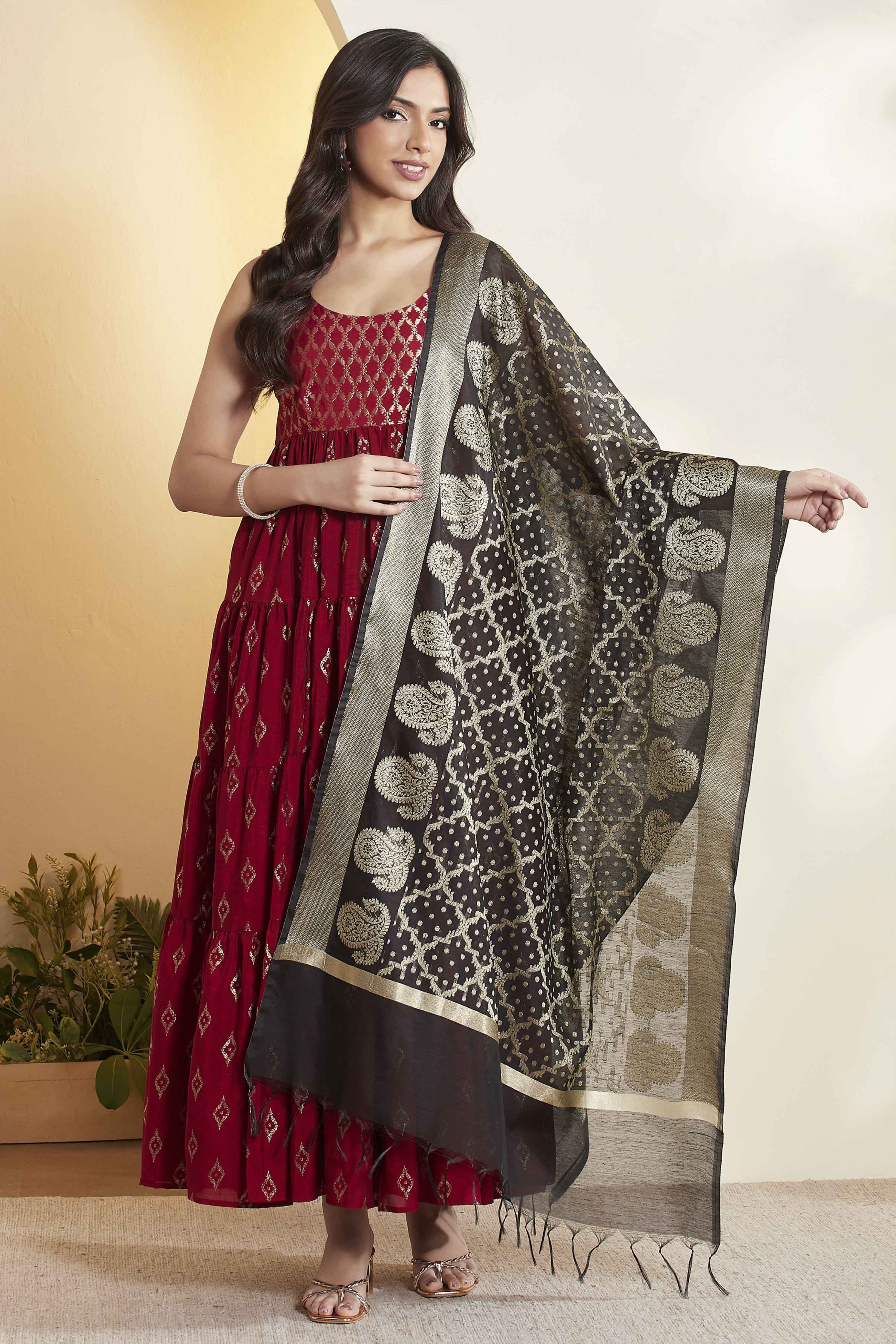 Black Poly Woven Design Dupatta image number 6