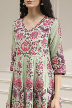 Sage Green Cotton Printed Anarkali Suit Set image number 1