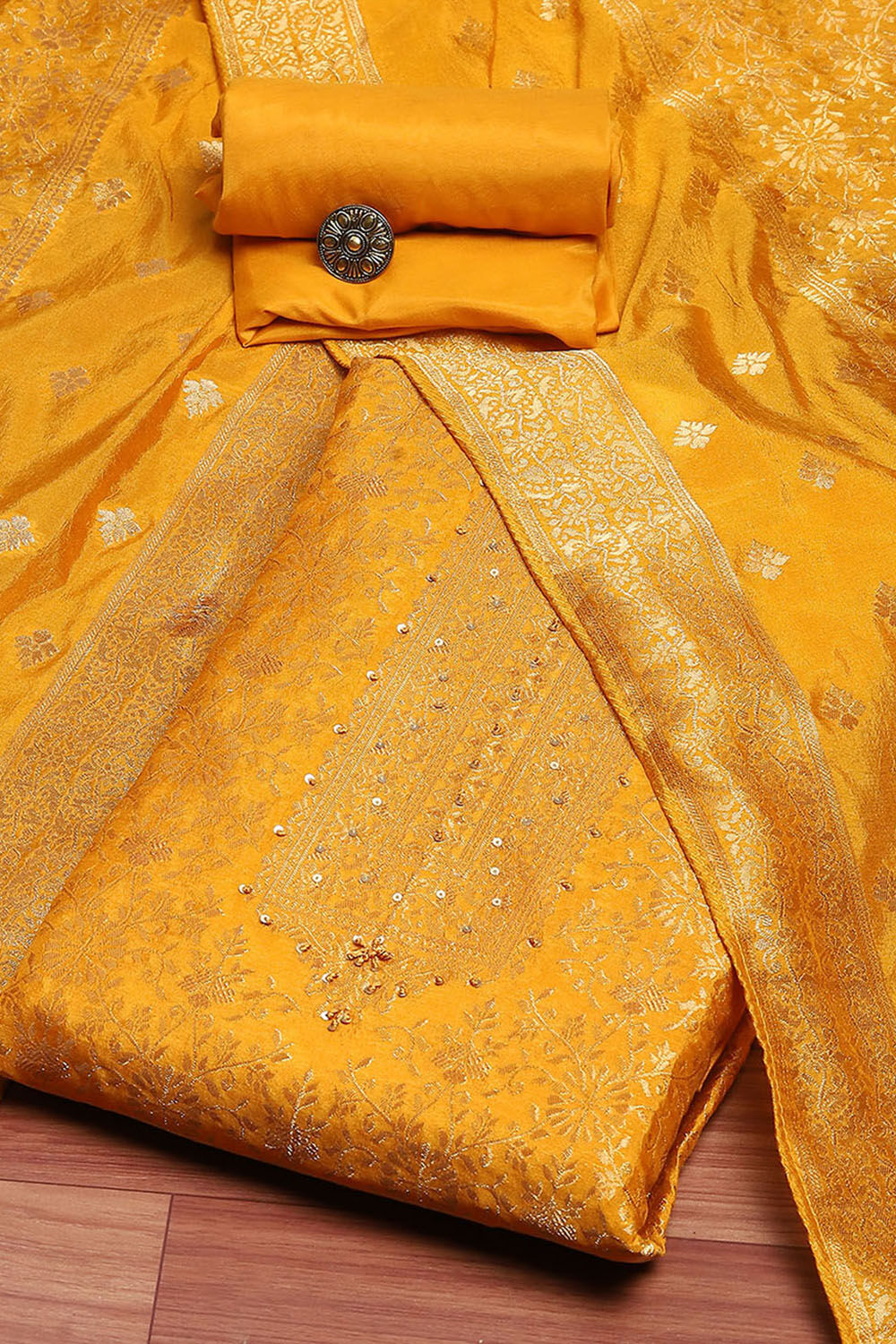 Mustard Yellow Silk Blend Woven Unstitched Suit Set image number 0
