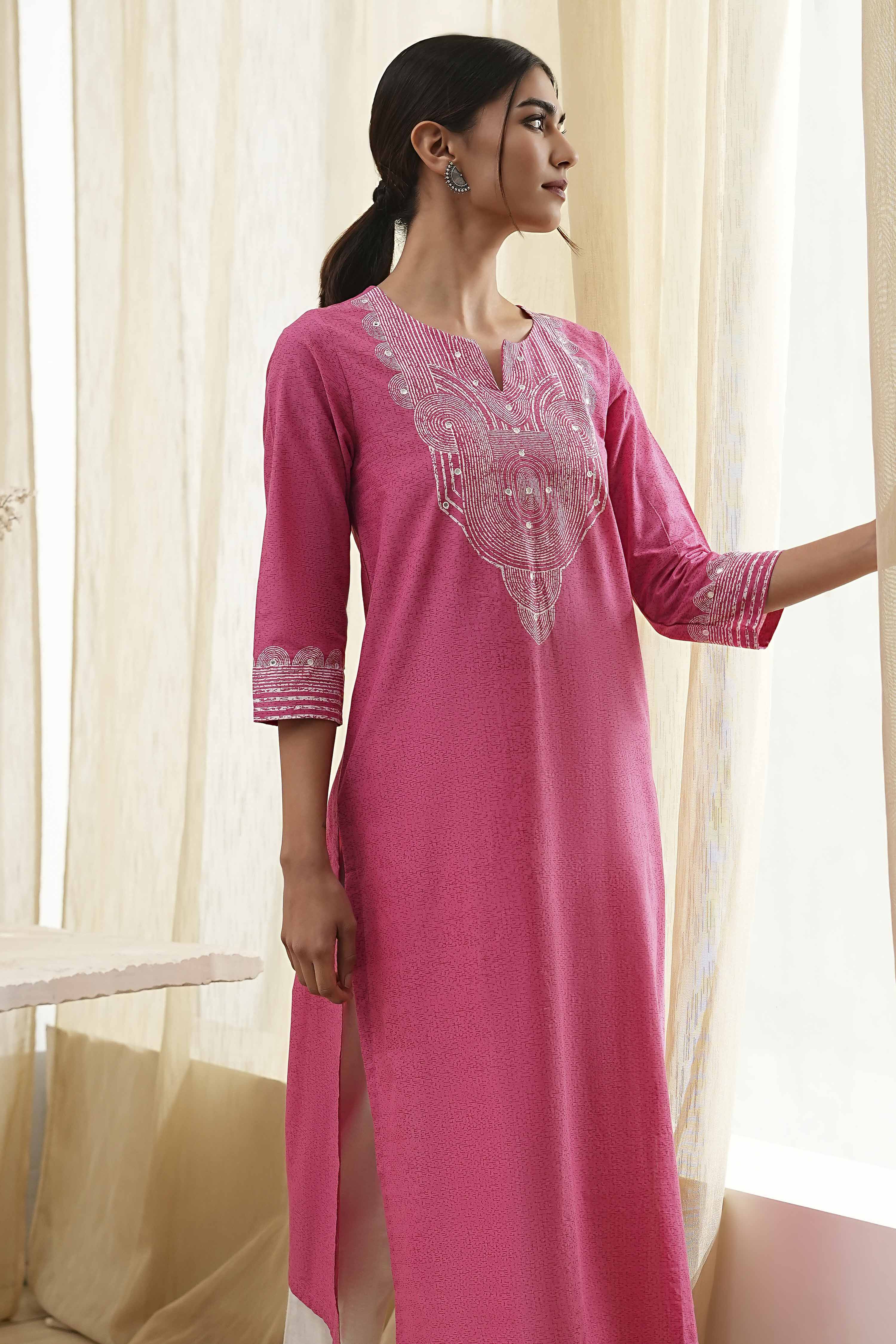 Pink Pure Cotton Printed Straight Kurta image number 6