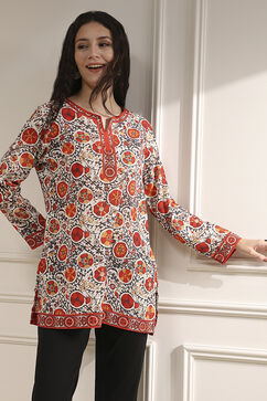 Off White-Red Polyester Straight Printed Short Kurta image number 5