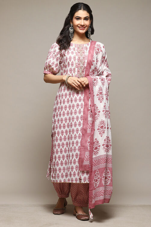 White Cotton Unstitched Suit Set image number 8