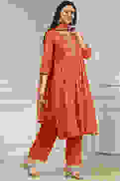 Orange Silk Embroidered Gathered Straight Suit Set image number 5