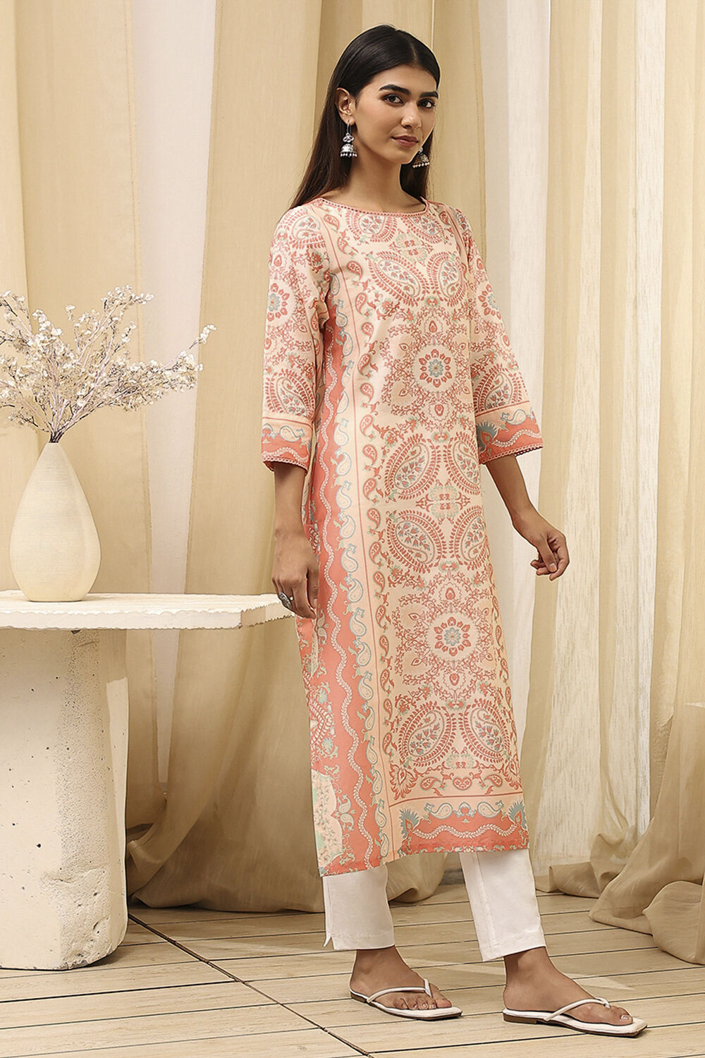 Peach-Colored Cotton Printed Straight Kurta image number 3