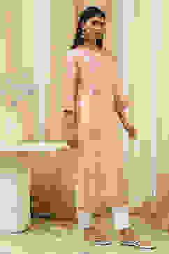 Peach-Colored Cotton Printed Straight Kurta image number 3