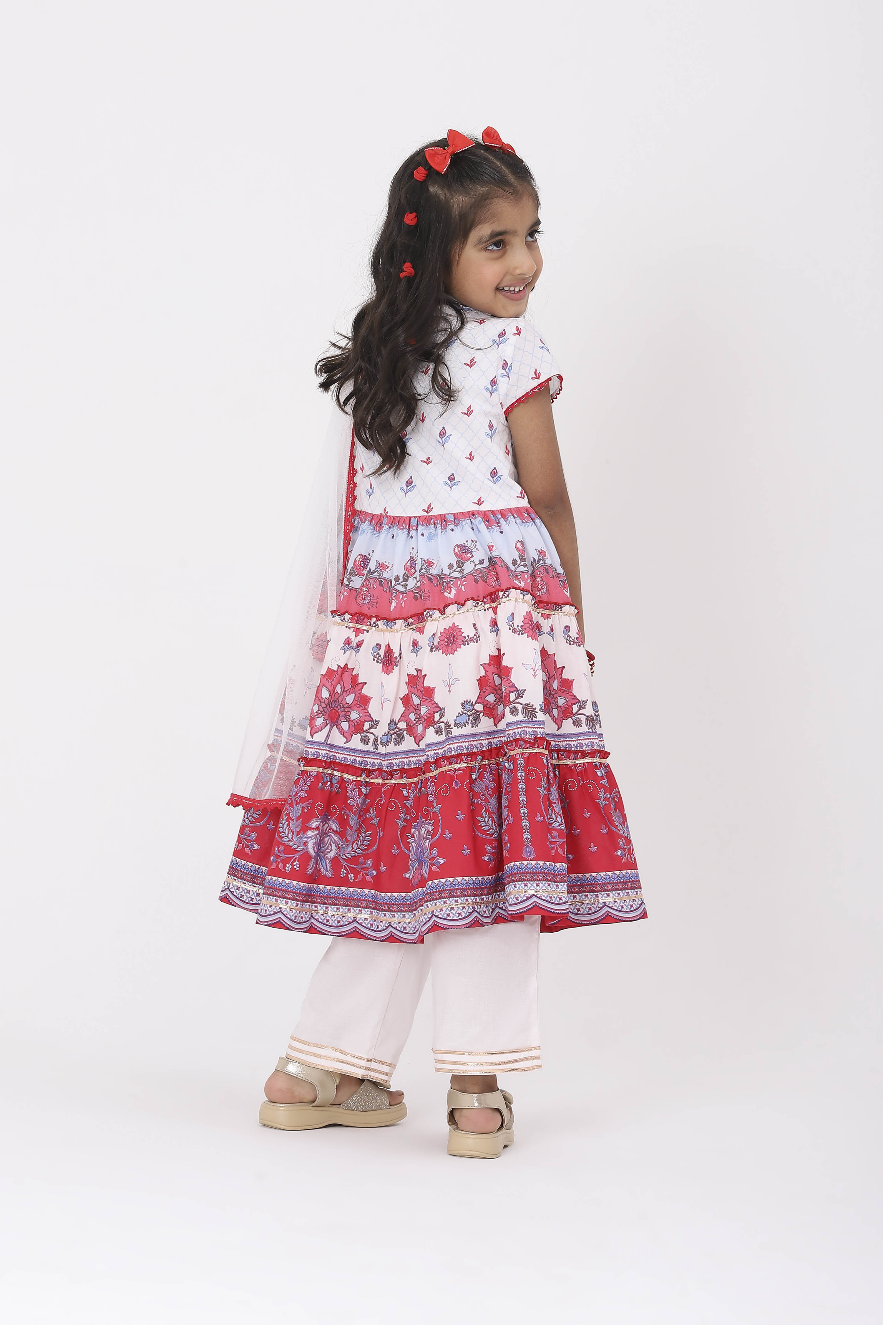 White Cotton Printed Tiered Suit Set image number 3