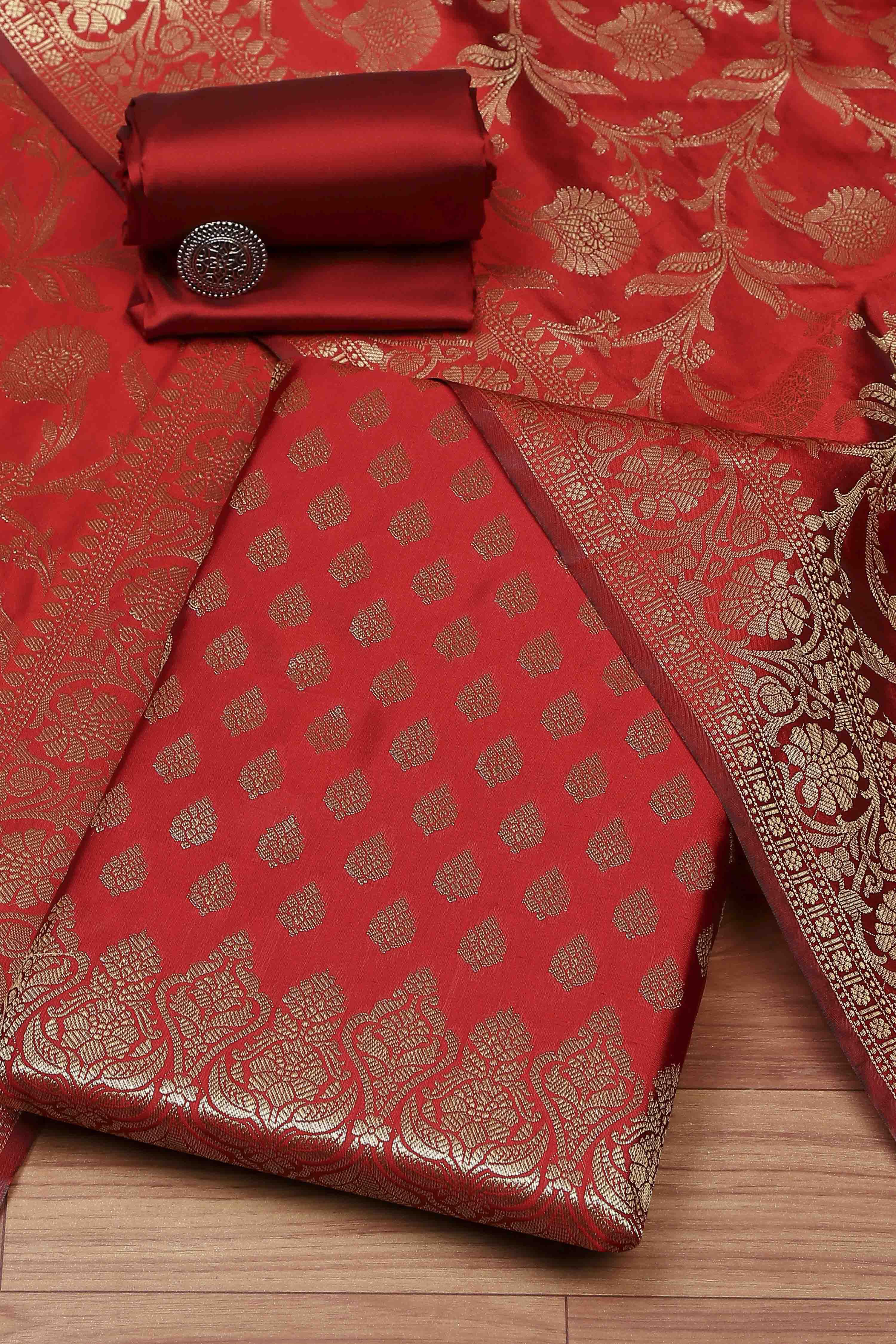 Red Silk Unstitched Suit Set image number 0
