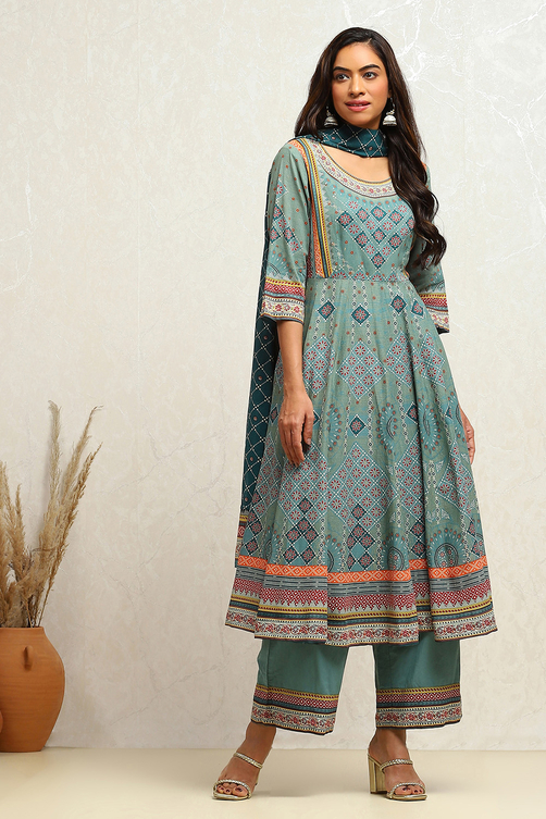Ecru Cotton Geometric Printed Anarkali Suit Set image number 0