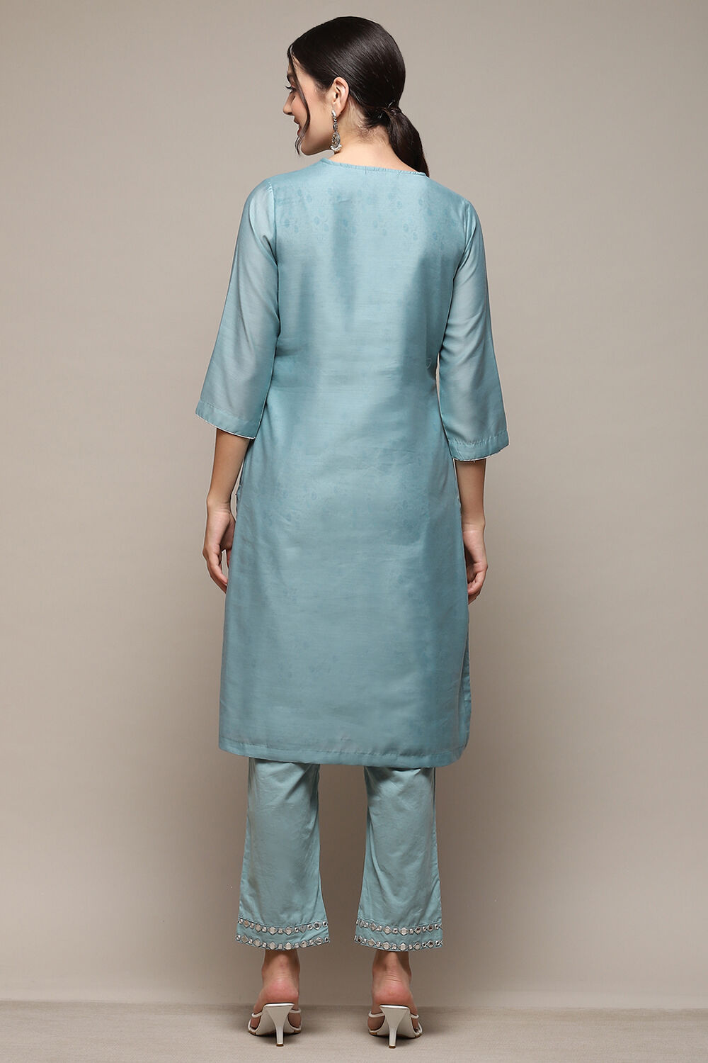 Powder Blue Cambric Narrow Kurta Pant Suit Set image number 5