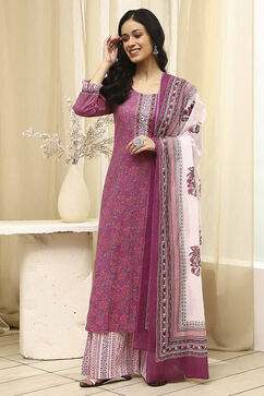 Purple Cotton Screen Print Unstitched Suit Set image number 7