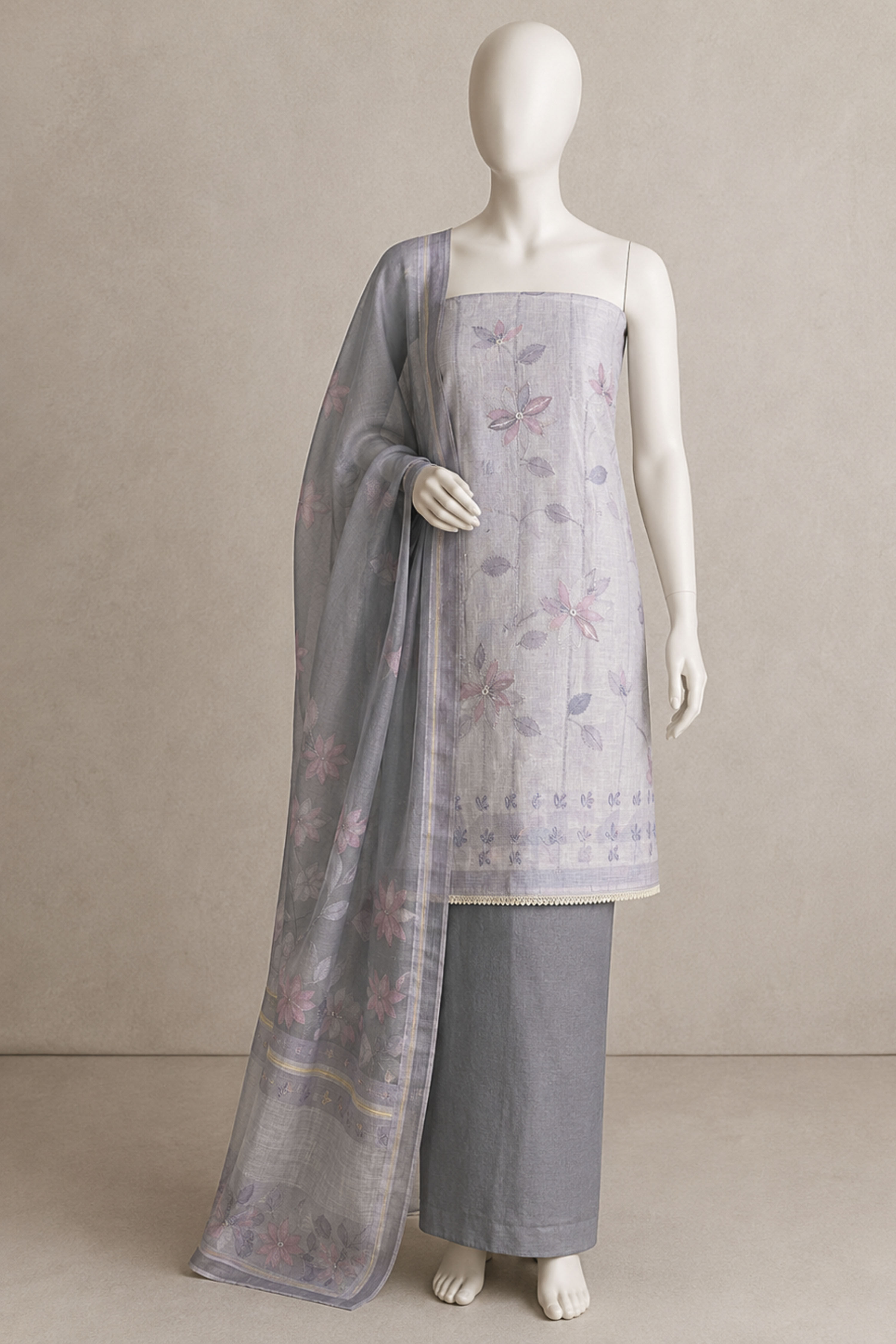 Grey Linen Printed Unstitched Suit Set image number 5