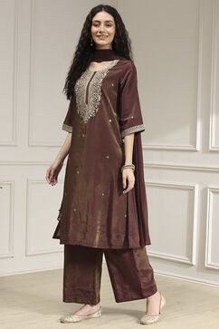 Wine Viscose Rayon Straight Solid Suit Set image number 3