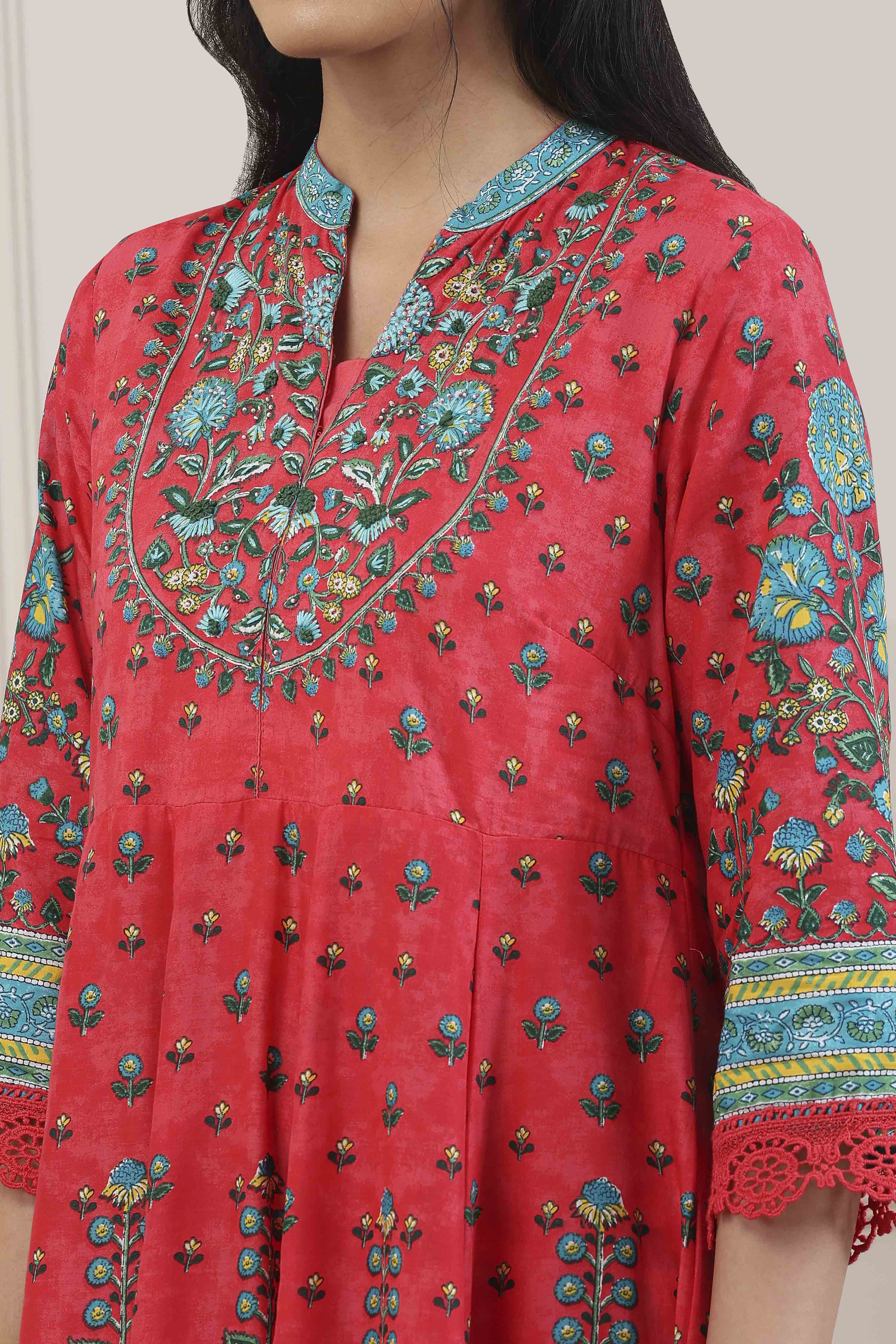 Red Cotton Kalidar Suit Set image number 1