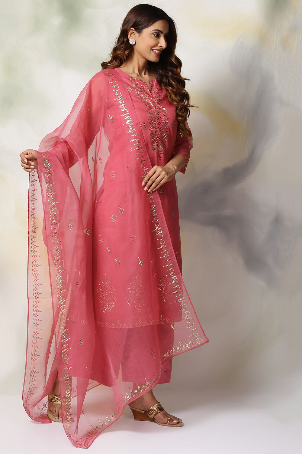 Lime Green Art Silk Straight Kurta Flared Palazzo Suit Set image number 5