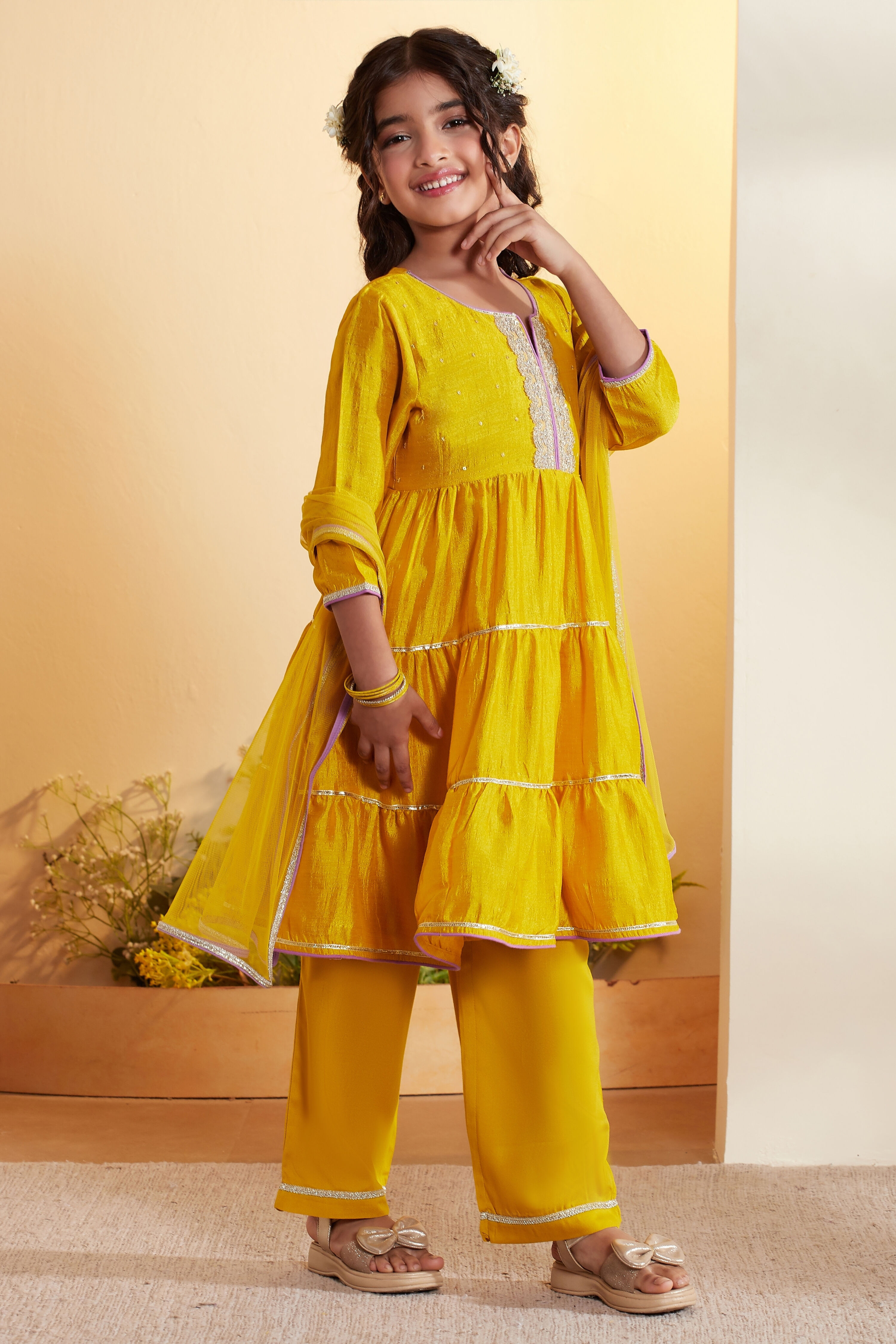 Yellow Viscose Silk Yoke Design Tiered Kurta Set image number 4