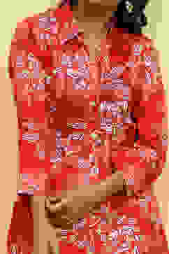 Red Floral Printed Shirt Style A-line Dress image number 1