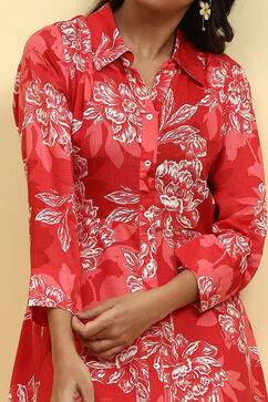 Red Floral Printed Shirt Style A-line Dress image number 1
