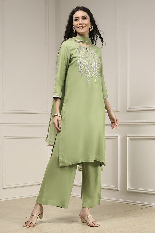 Sage Green Viscose Rayon Straight Solid Suit Set image number 5