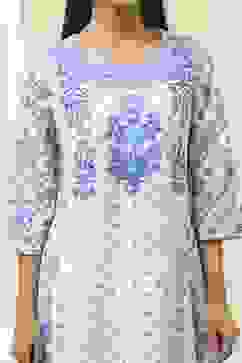 Off-White and Blue Cotton Floral Kalidar Suit Set image number 1