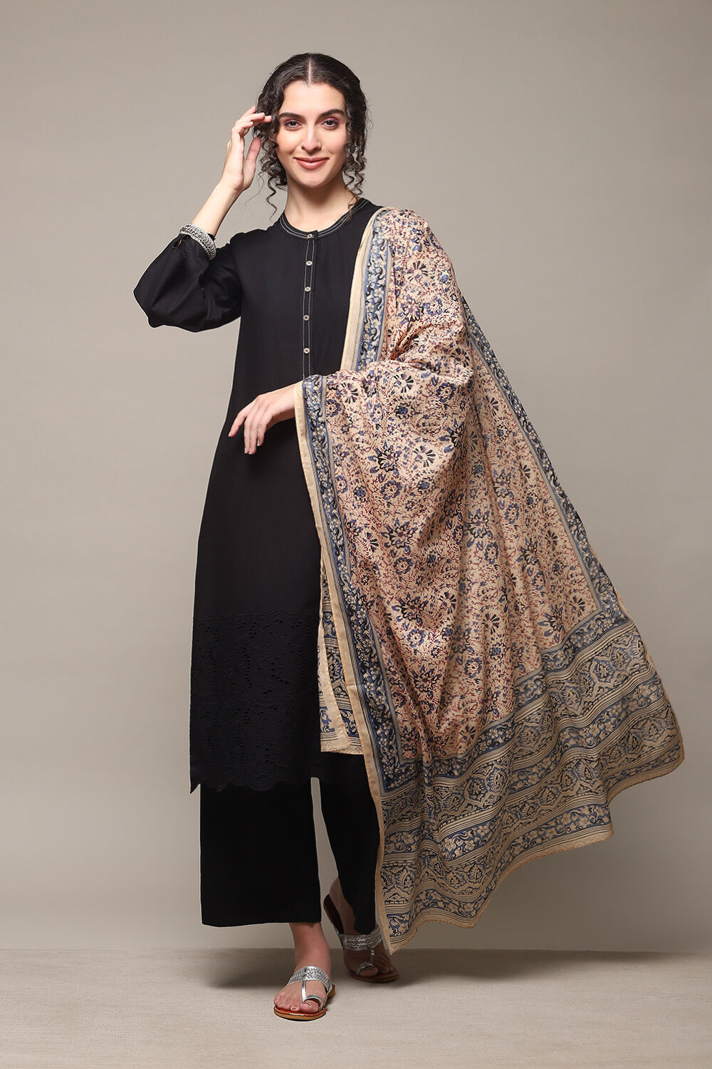 Black Cotton Straight Kurta Palazzo Suit Set image number 6