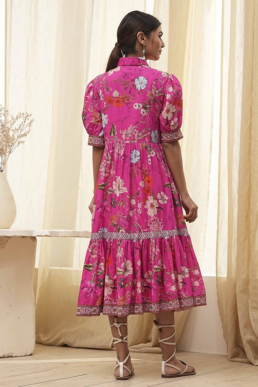 Pink Cotton Floral Printed Tiered Dress image number 3