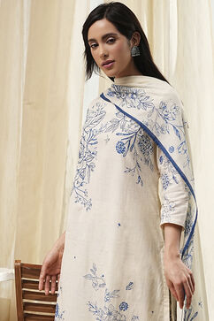 Off-White and Blue Cotton Straight Suit Set image number 7
