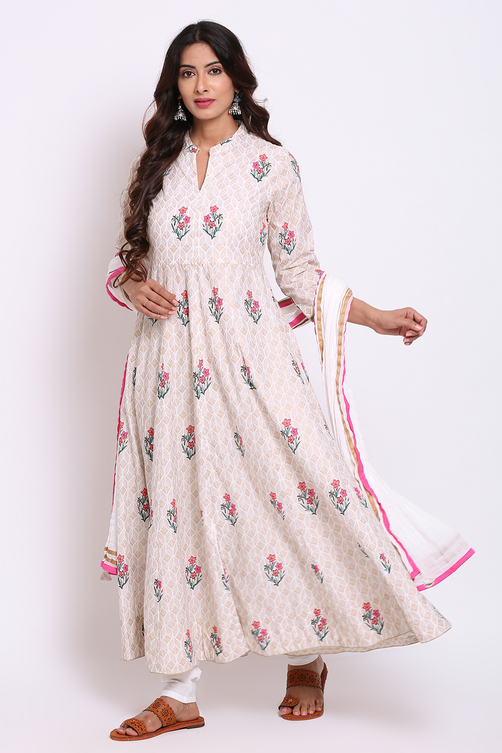 Ivory And Gold Cotton Anarkali Kurta Churidar Suit Set image number 0