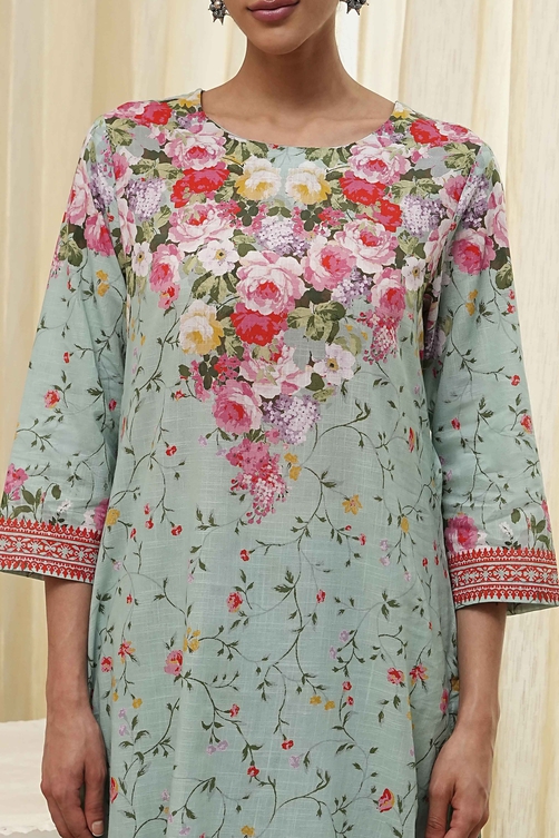 Turquoise Cotton Floral Printed Straight Suit Set image number 1